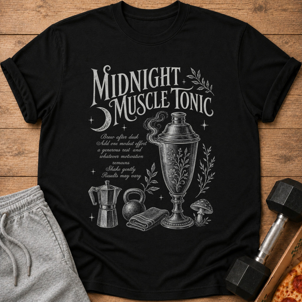 Black t-shirt with "Midnight Muscle Tonic" text and vintage gym illustrations.