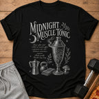 Black t-shirt with "Midnight Muscle Tonic" text and vintage gym illustrations.