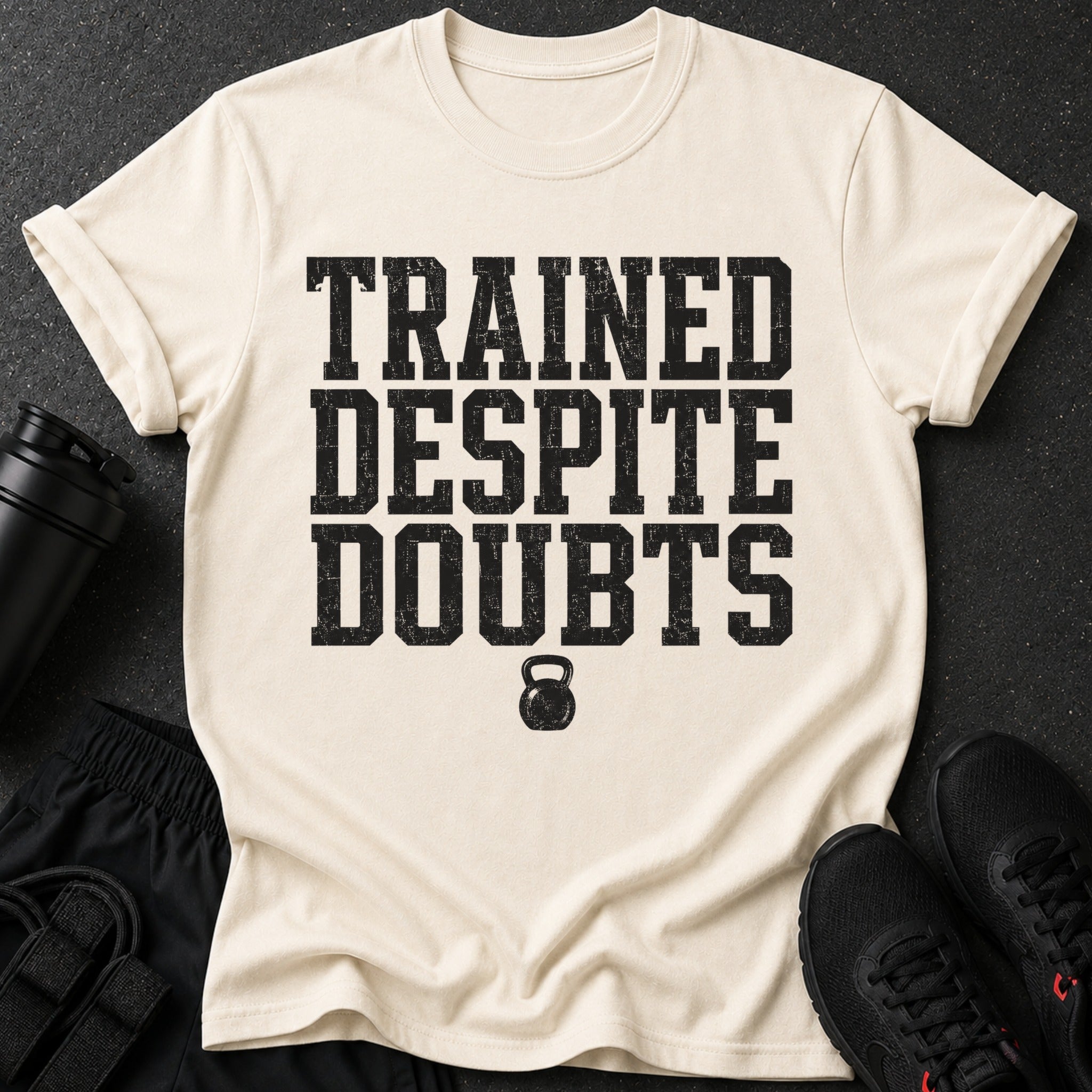 Cream t-shirt with black text "TRAINED DESPITE DOUBTS" and kettlebell graphic.