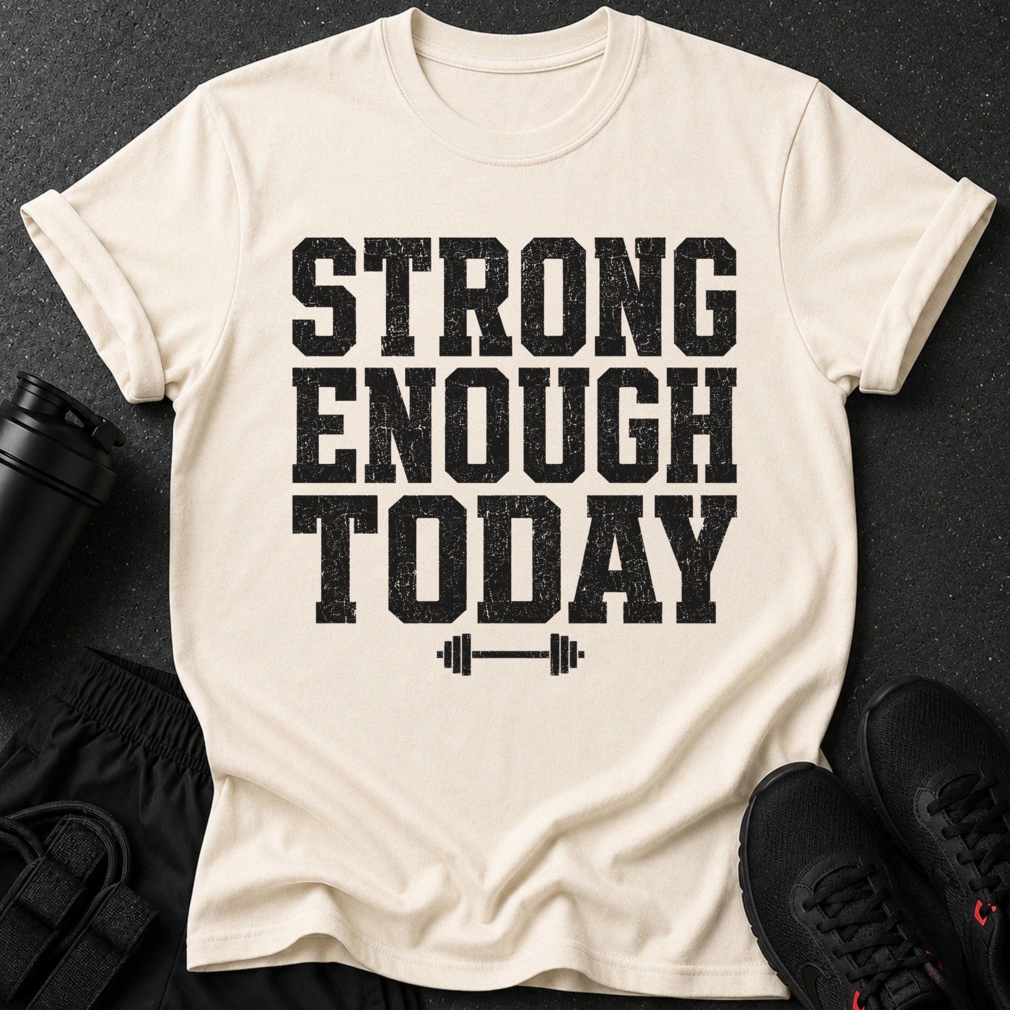 Cream t-shirt with distressed black text reading "STRONG ENOUGH TODAY" and a barbell graphic.