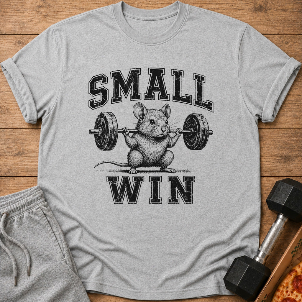 Grey t-shirt with a mouse lifting a barbell and text "SMALL WIN".