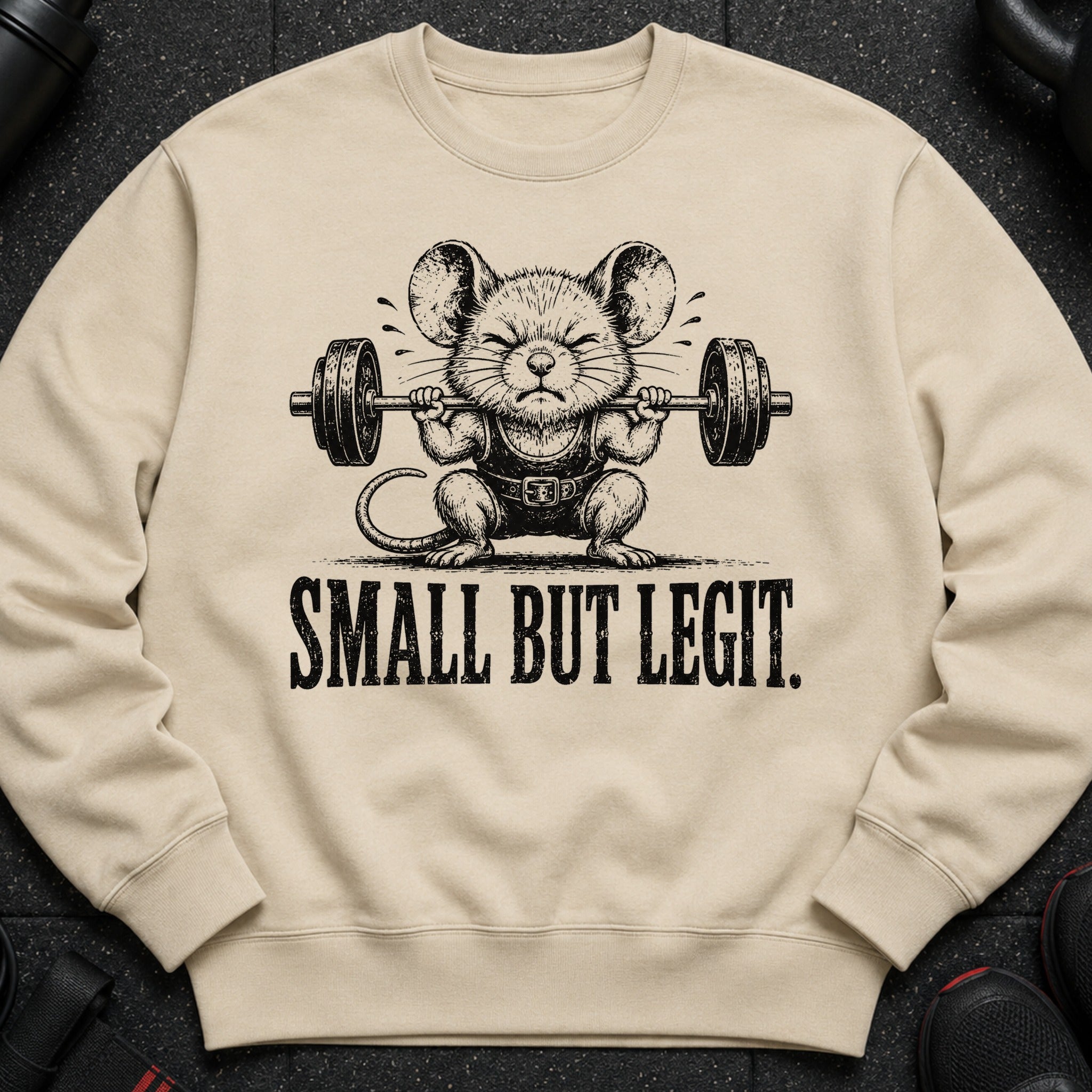 Cream sweatshirt with a distressed illustration of a mouse lifting a barbell. Text says "SMALL BUT LEGIT."