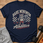 Navy t-shirt with cartoon squirrel lifting 20lb dumbbell, text "BARE MINIMUM Athletics".