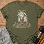 Crying goat lifting a barbell with weights, on a t-shirt.