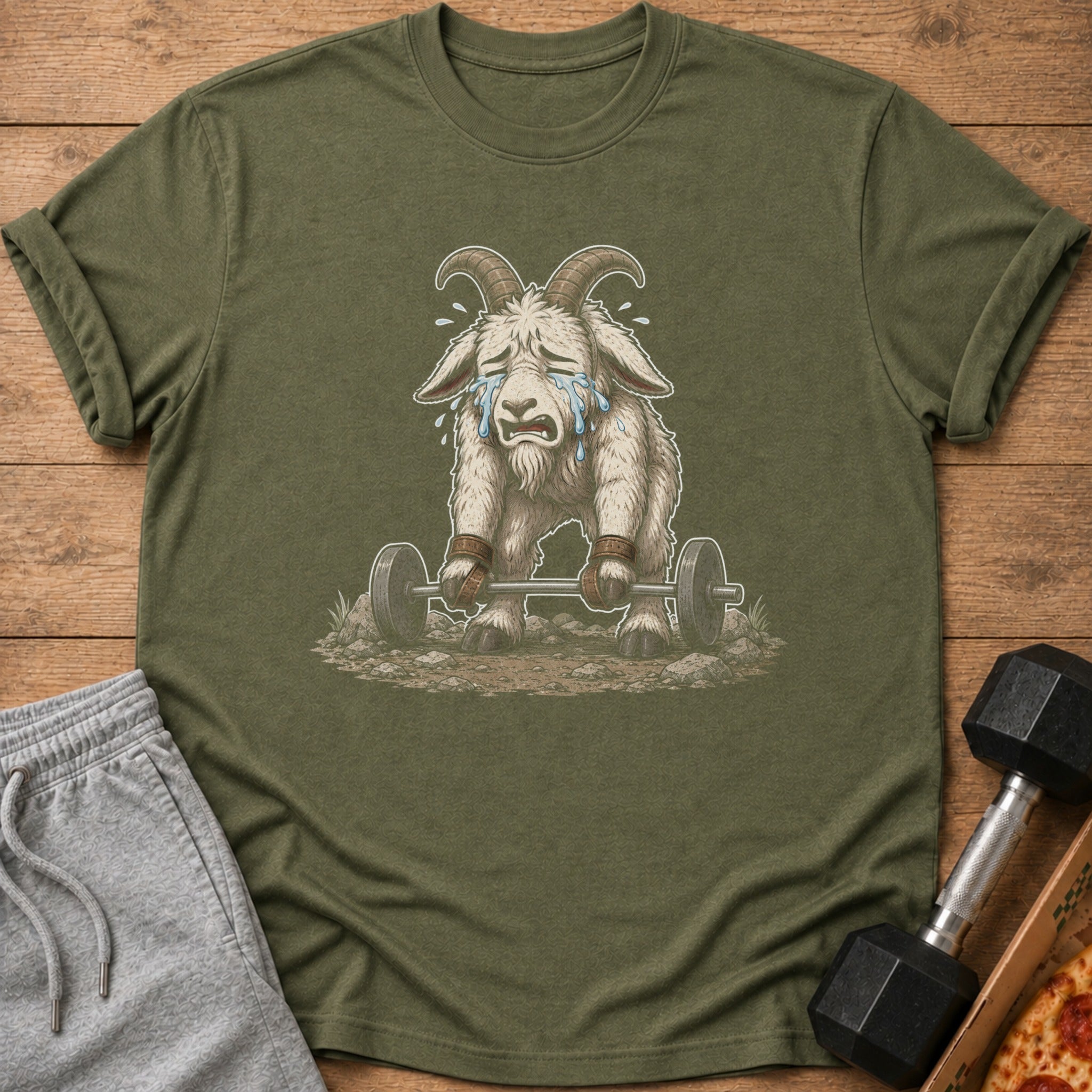 Crying goat lifting a barbell with weights, on a t-shirt.