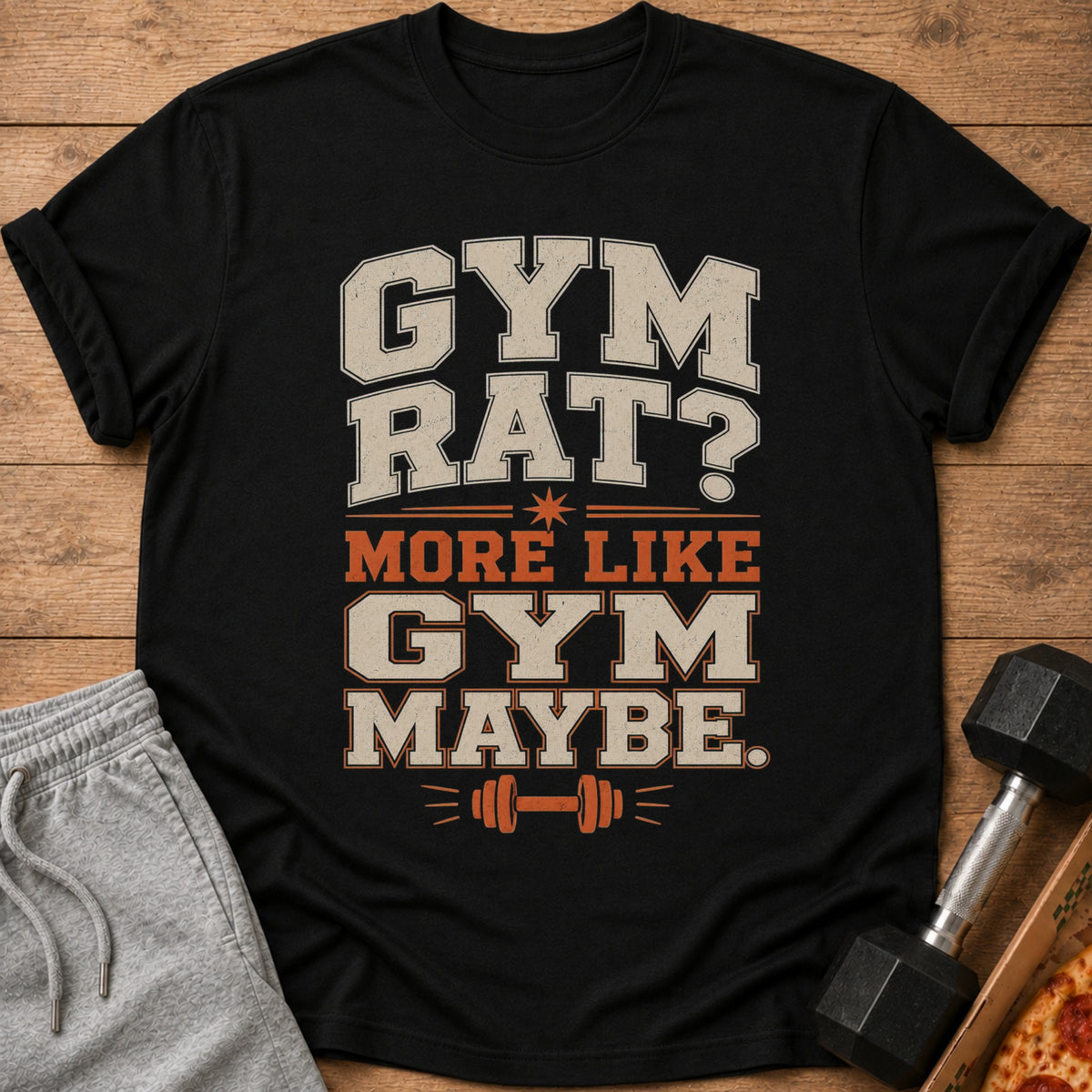 Black t-shirt with text "Gym Rat? More Like Gym Maybe." and dumbbell graphic.