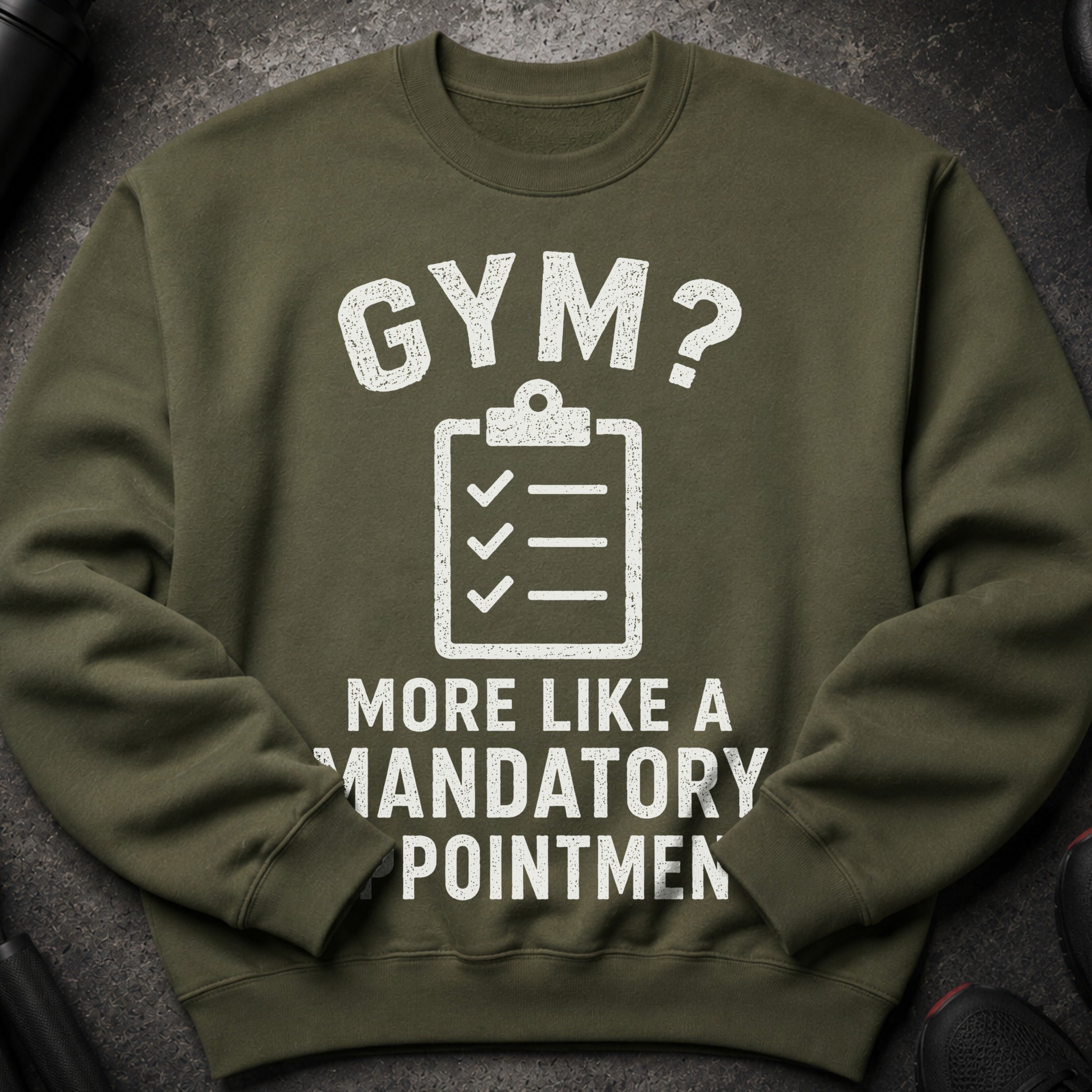 Olive green sweatshirt with white "GYM? MORE LIKE A MANDATORY APPOINTMENT" text and clipboard graphic.