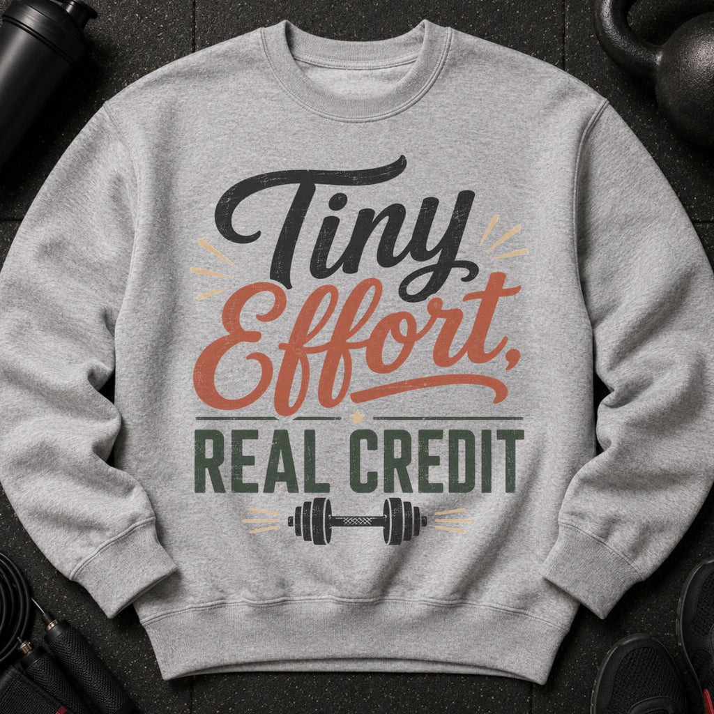 Grey sweatshirt with "Tiny Effort, Real Credit" text and dumbbell graphic.