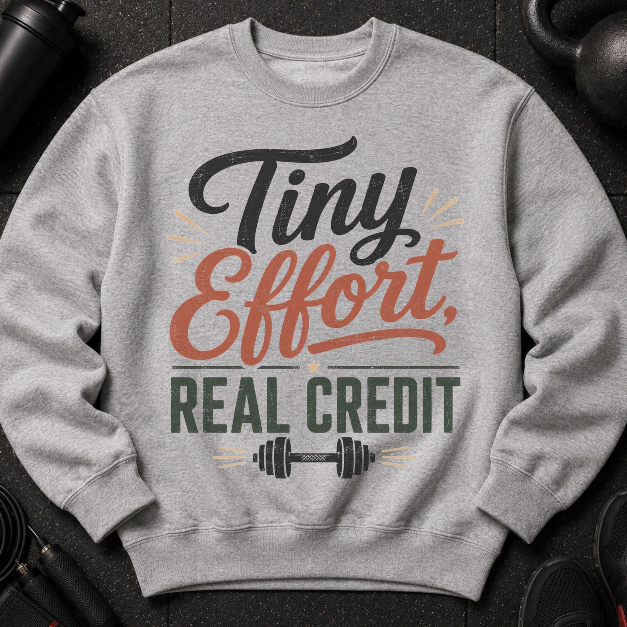 Grey sweatshirt with "Tiny Effort, Real Credit" text and dumbbell graphic.
