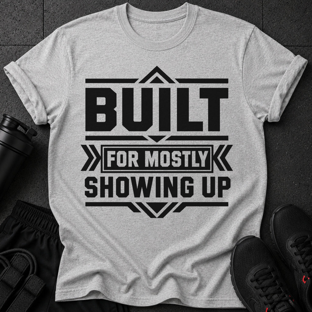 Light grey t-shirt with black text reading "BUILT FOR MOSTLY SHOWING UP."