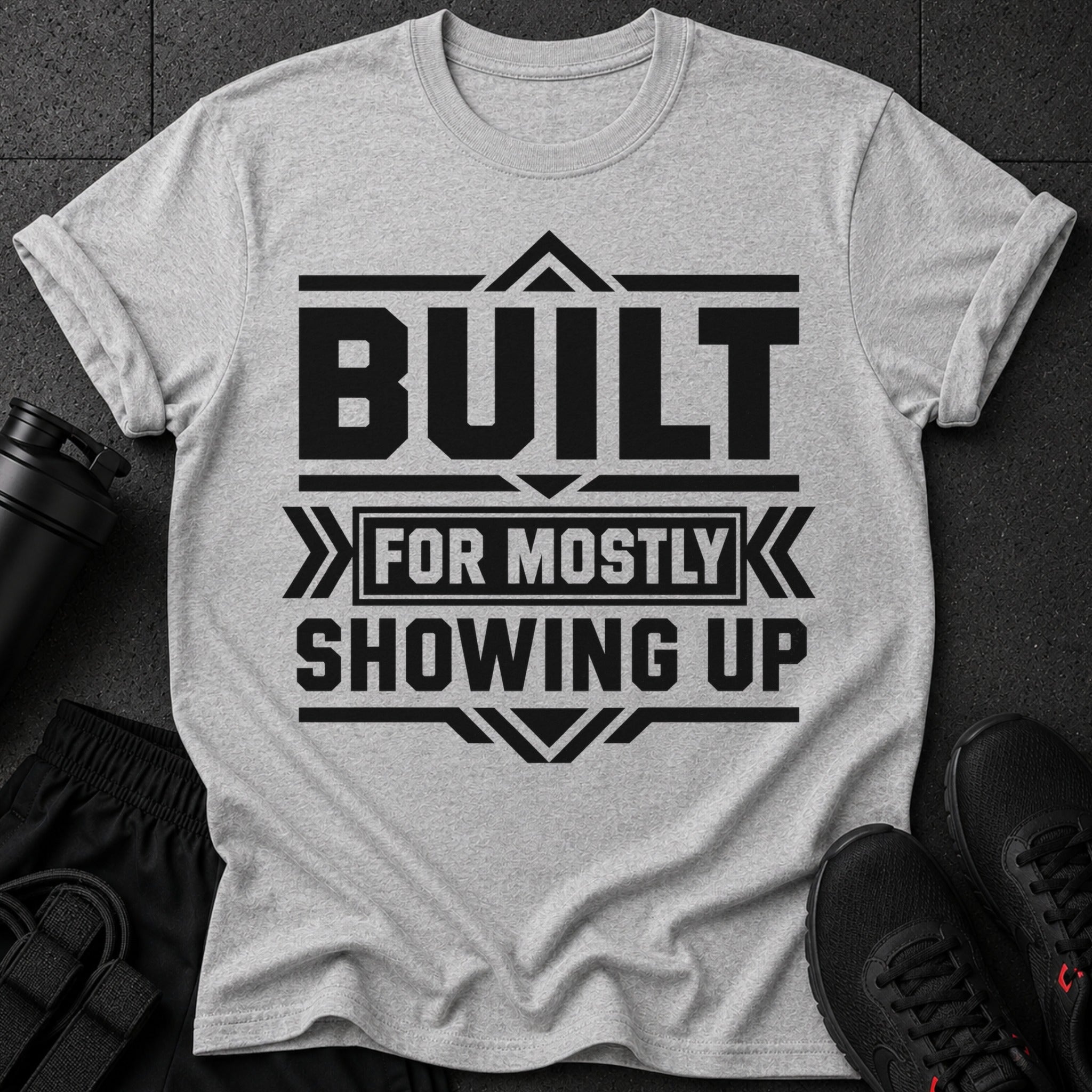Light grey t-shirt with black text reading "BUILT FOR MOSTLY SHOWING UP."