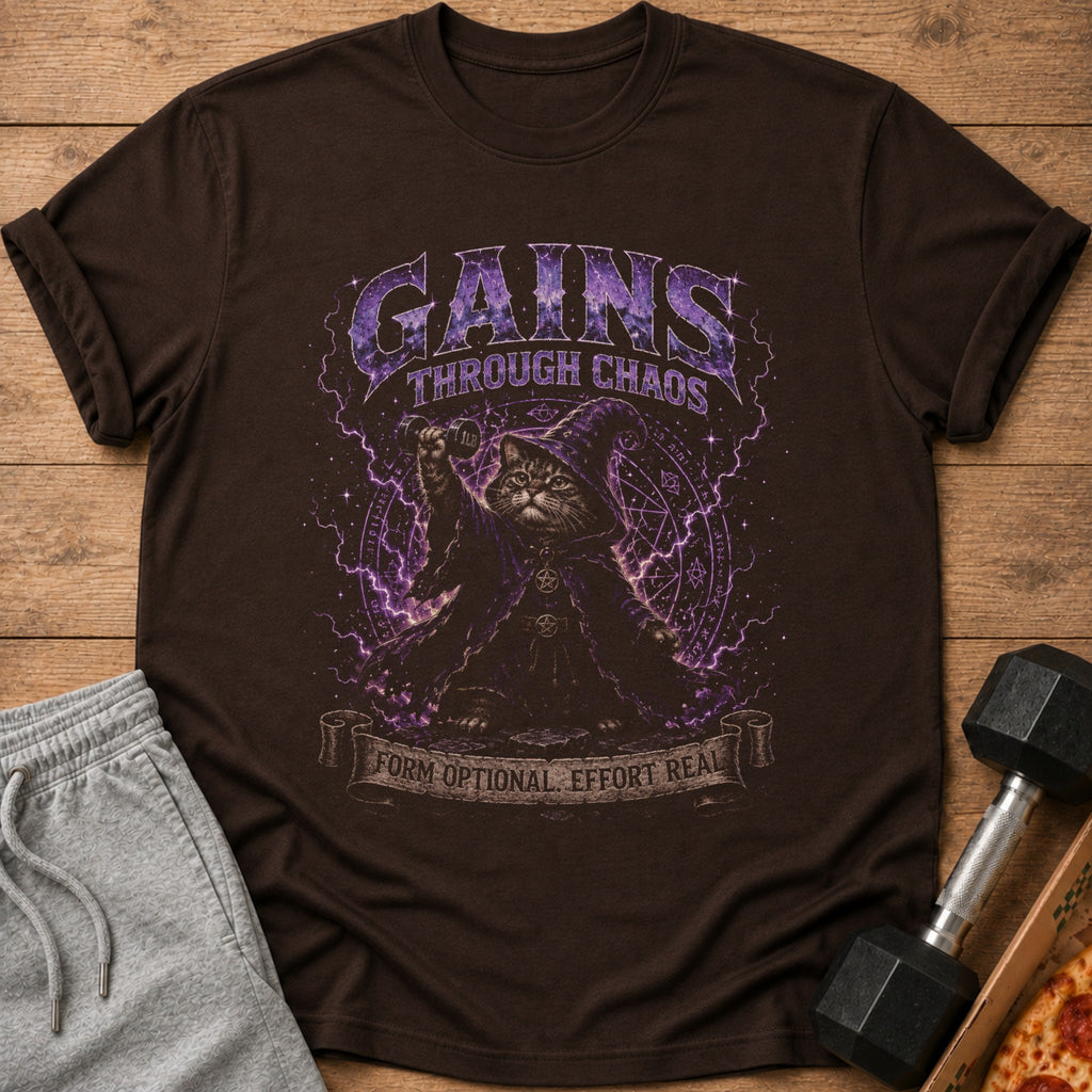 Brown t-shirt with a cat wizard graphic: "Gains Through Chaos, Form Optional. Effort Real."