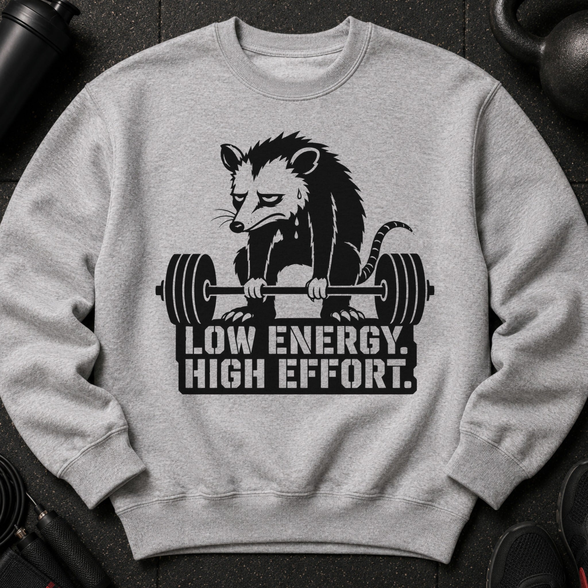 Grey sweatshirt with a black graphic of a sad opossum lifting a barbell and text.