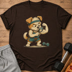 Cartoon dog in gym shorts and headband examines bicep with magnifying glass.