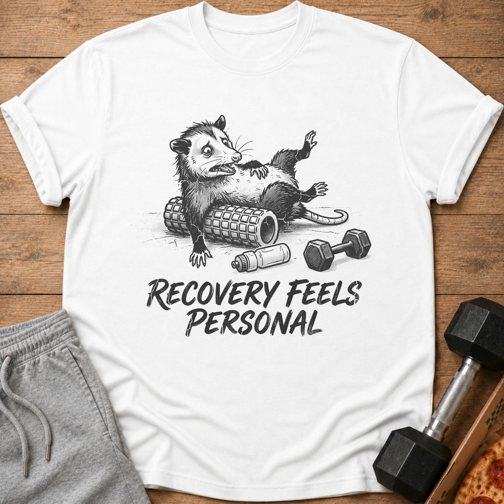 White t-shirt with a distressed graphic of a possum on a foam roller and dumbbell. Text reads "RECOVERY FEELS PERSONAL".