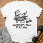 White t-shirt with a distressed graphic of a possum on a foam roller and dumbbell. Text reads "RECOVERY FEELS PERSONAL".