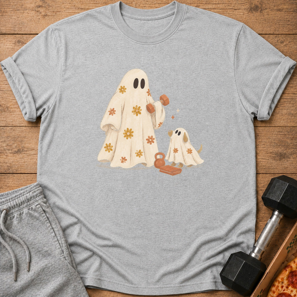 Gray t-shirt with a vintage floral ghost and dog lifting weights graphic.