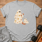 Gray t-shirt with a vintage floral ghost and dog lifting weights graphic.