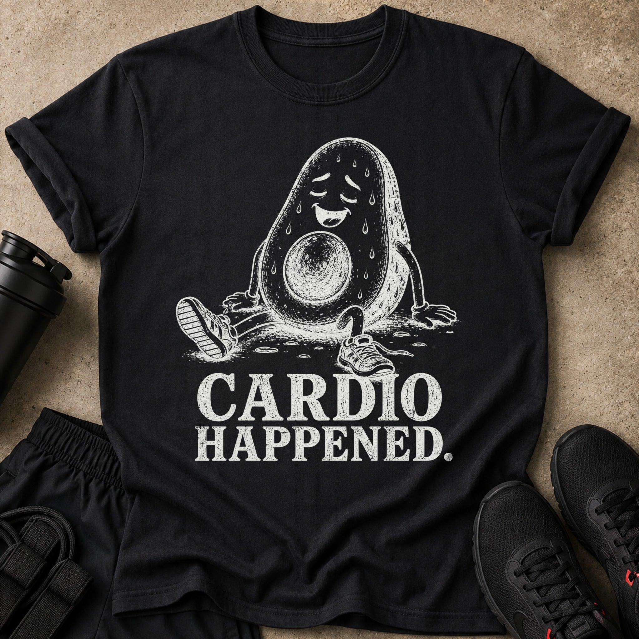 Black t-shirt with a distressed print of a sweating avocado saying "CARDIO HAPPENED."