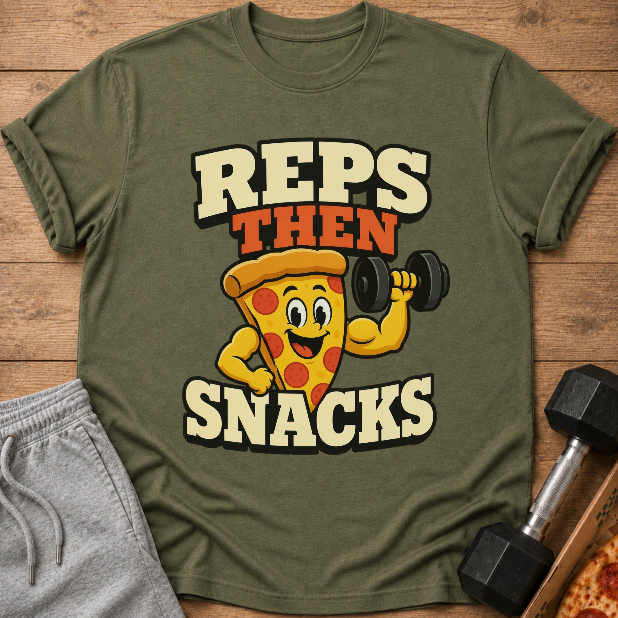 T-shirt with a cartoon pizza character lifting a dumbbell and text "REPS THEN SNACKS".