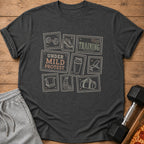 Dark grey t-shirt with "Under Mild Protest" and gym icons in postage stamps.