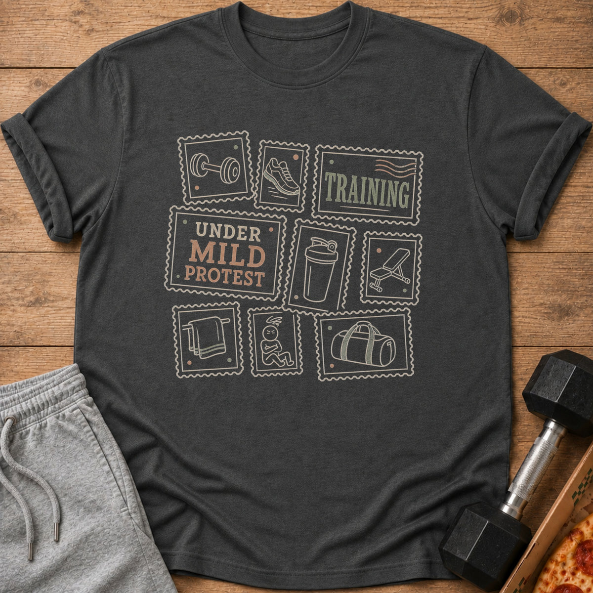 Dark grey t-shirt with "Under Mild Protest" and gym icons in postage stamps.