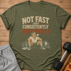 T-shirt with text "NOT FAST JUST CONSISTENTLY OUT OF BREATH" and gym graphics.