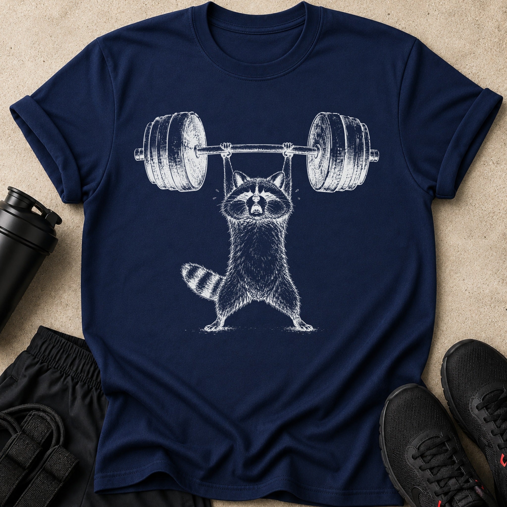 Raccoon lifting a barbell on a navy t-shirt with workout gear.