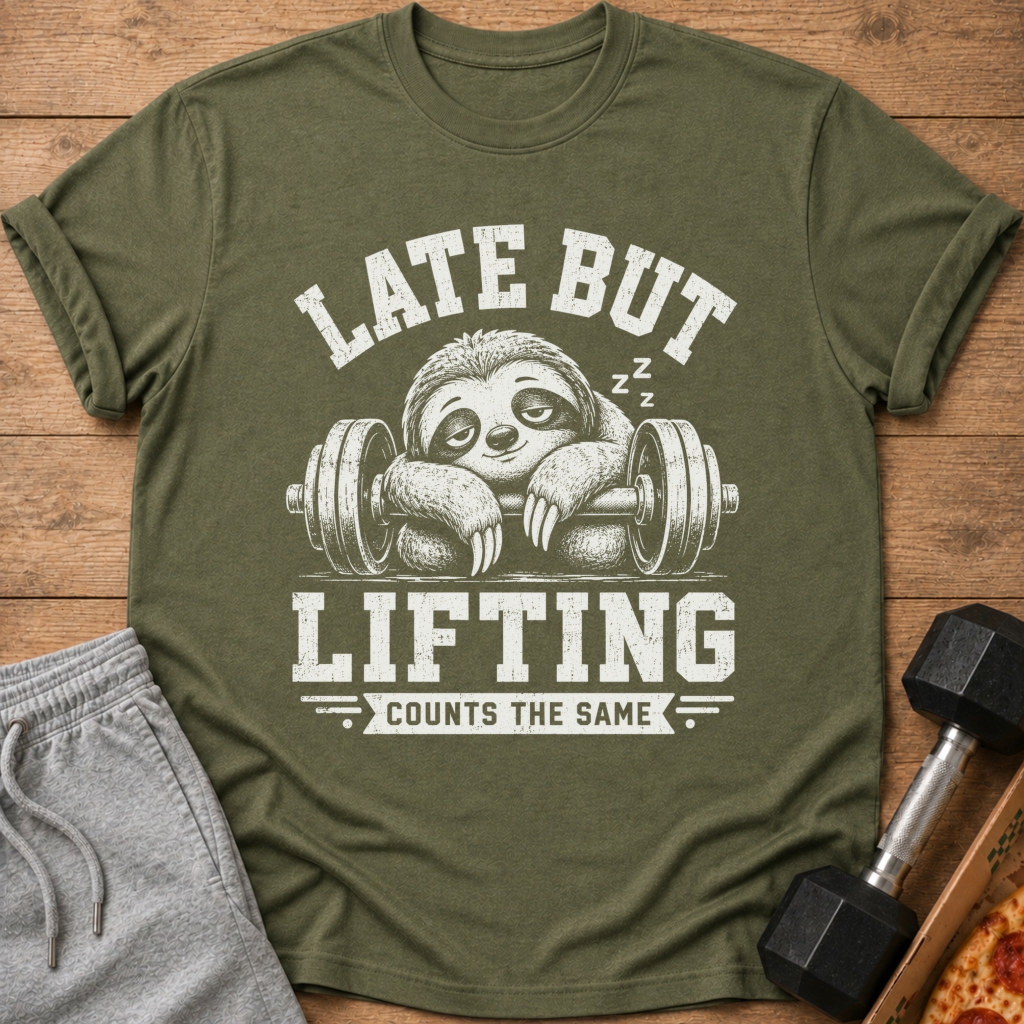 Olive green t-shirt with a sloth graphic and text "LATE BUT LIFTING COUNTS THE SAME".