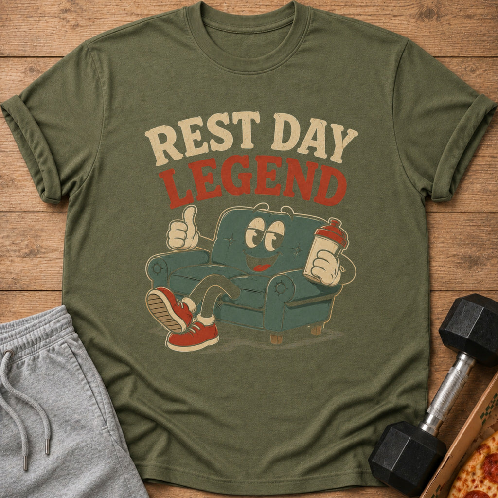 Green t-shirt with cartoon couch text "REST DAY LEGEND" holding a shaker bottle.