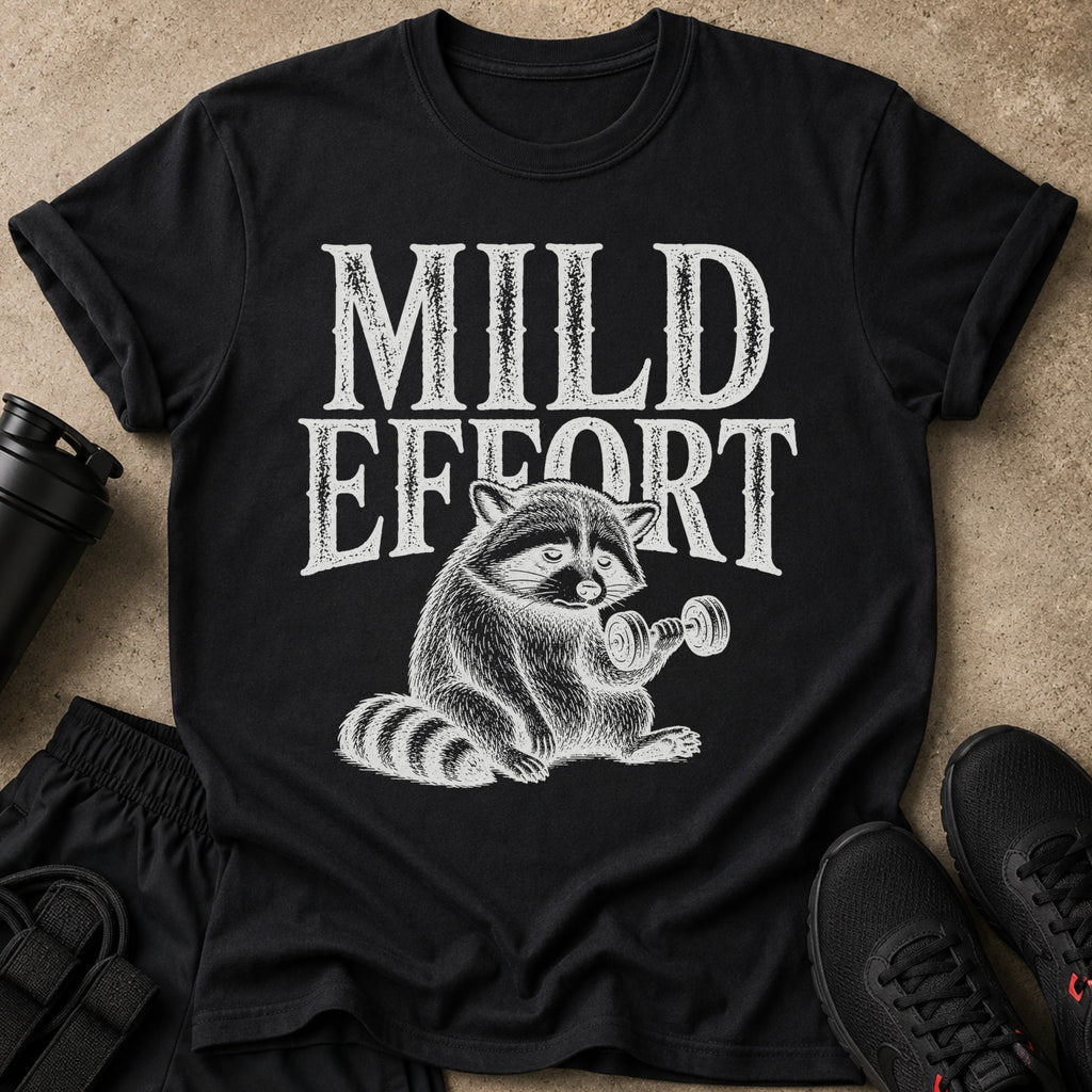 Black t-shirt with raccoon lifting dumbbell and text "MILD EFFORT".