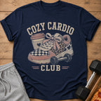 Navy t-shirt with "Cozy Cardio Club" text and a graphic of a sneaker.