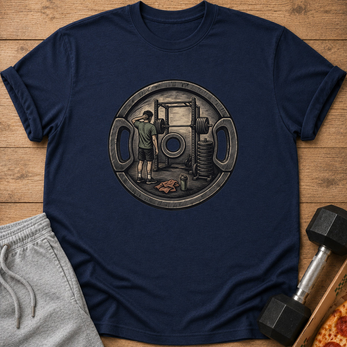 Navy t-shirt with weight plate graphic of person at gym equipment.