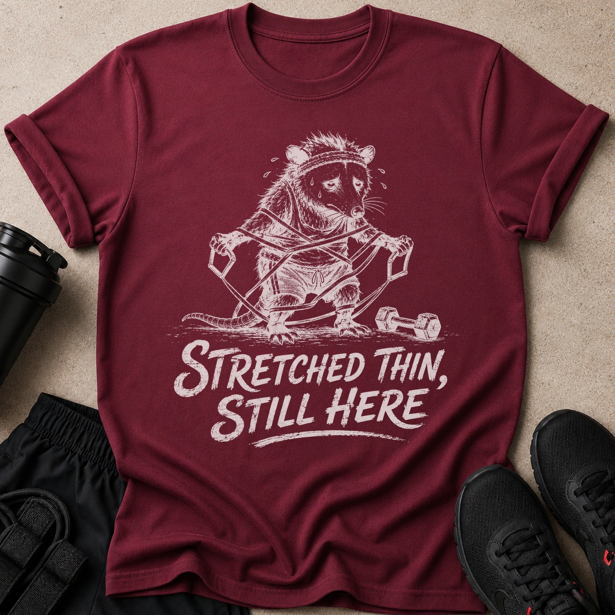 Maroon t-shirt with possum workout graphic and text "Stretched Thin, Still Here."