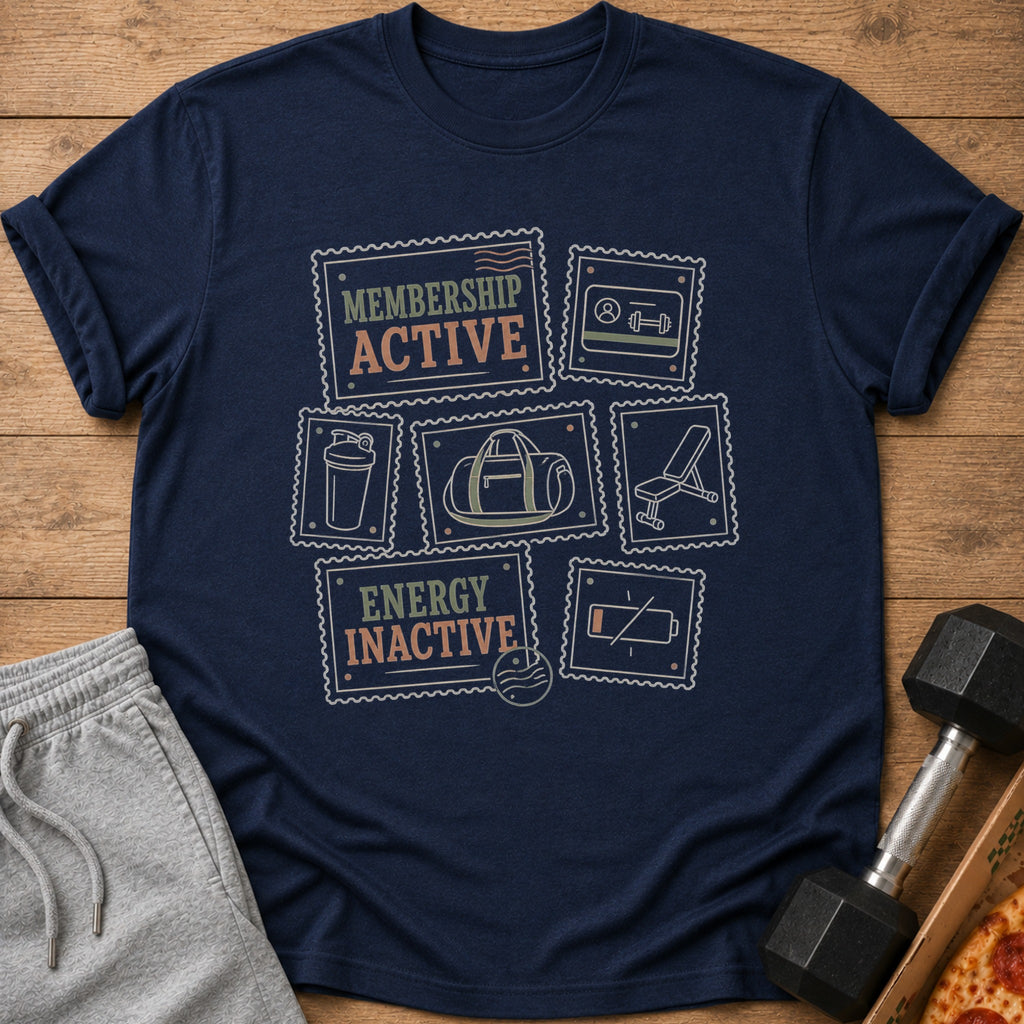 Navy t-shirt with stamp graphics for "MEMBERSHIP ACTIVE" and "ENERGY INACTIVE".