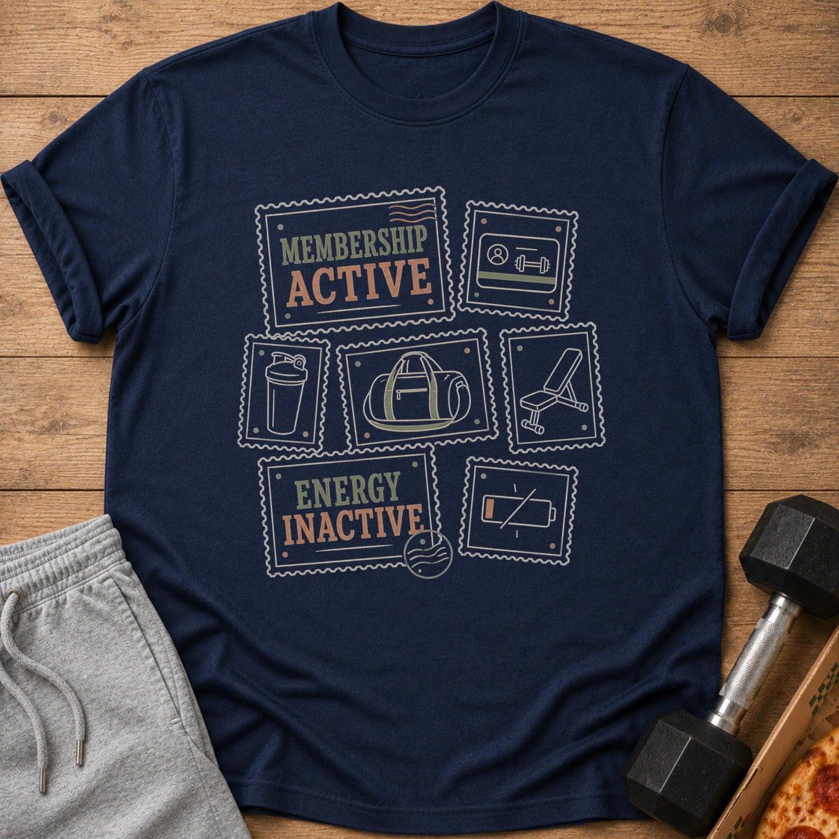 Navy t-shirt with stamp graphics for "MEMBERSHIP ACTIVE" and "ENERGY INACTIVE".