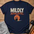 Navy t-shirt with "MILDLY ATHLETIC" text and kettlebell graphic.