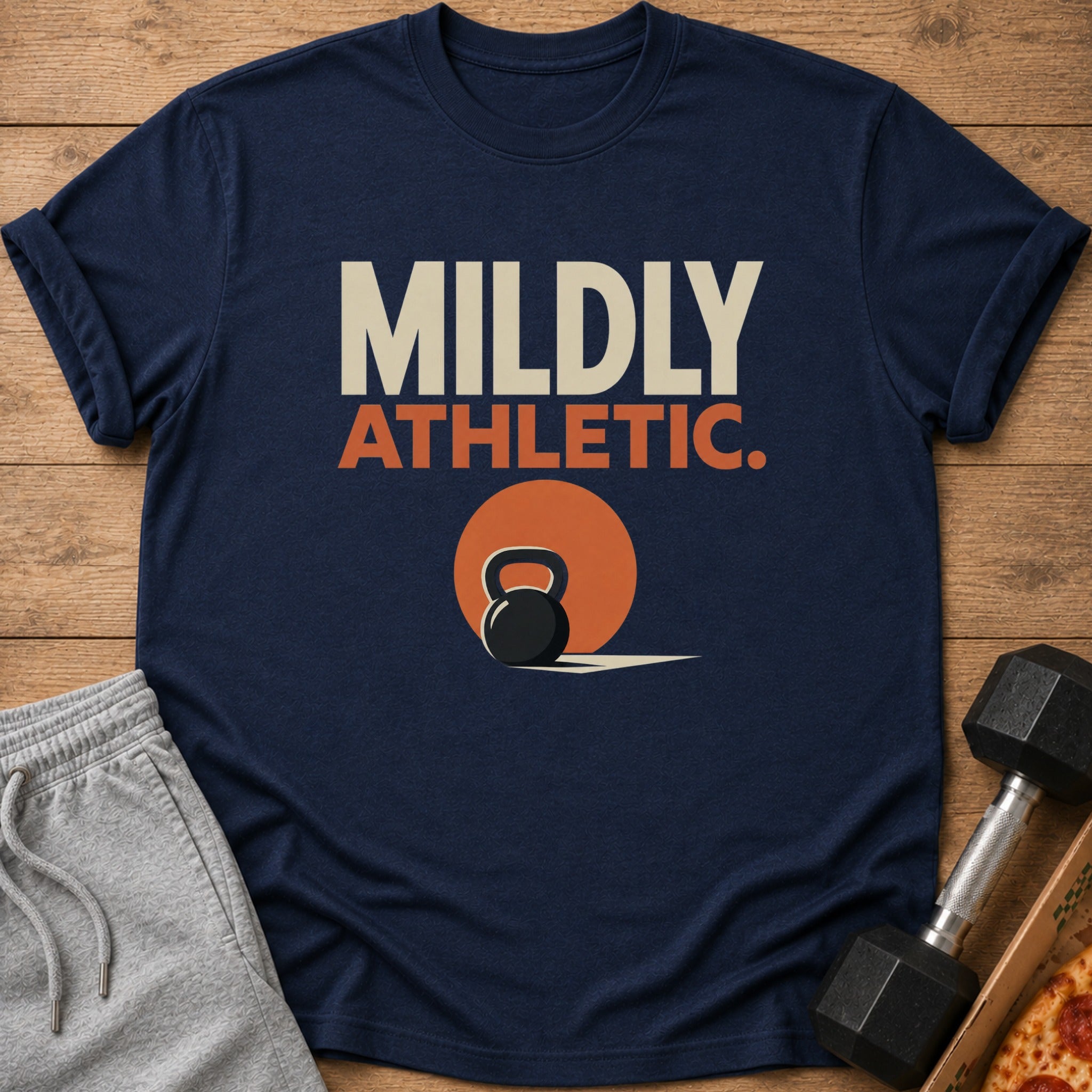 Navy t-shirt with "MILDLY ATHLETIC" text and kettlebell graphic.