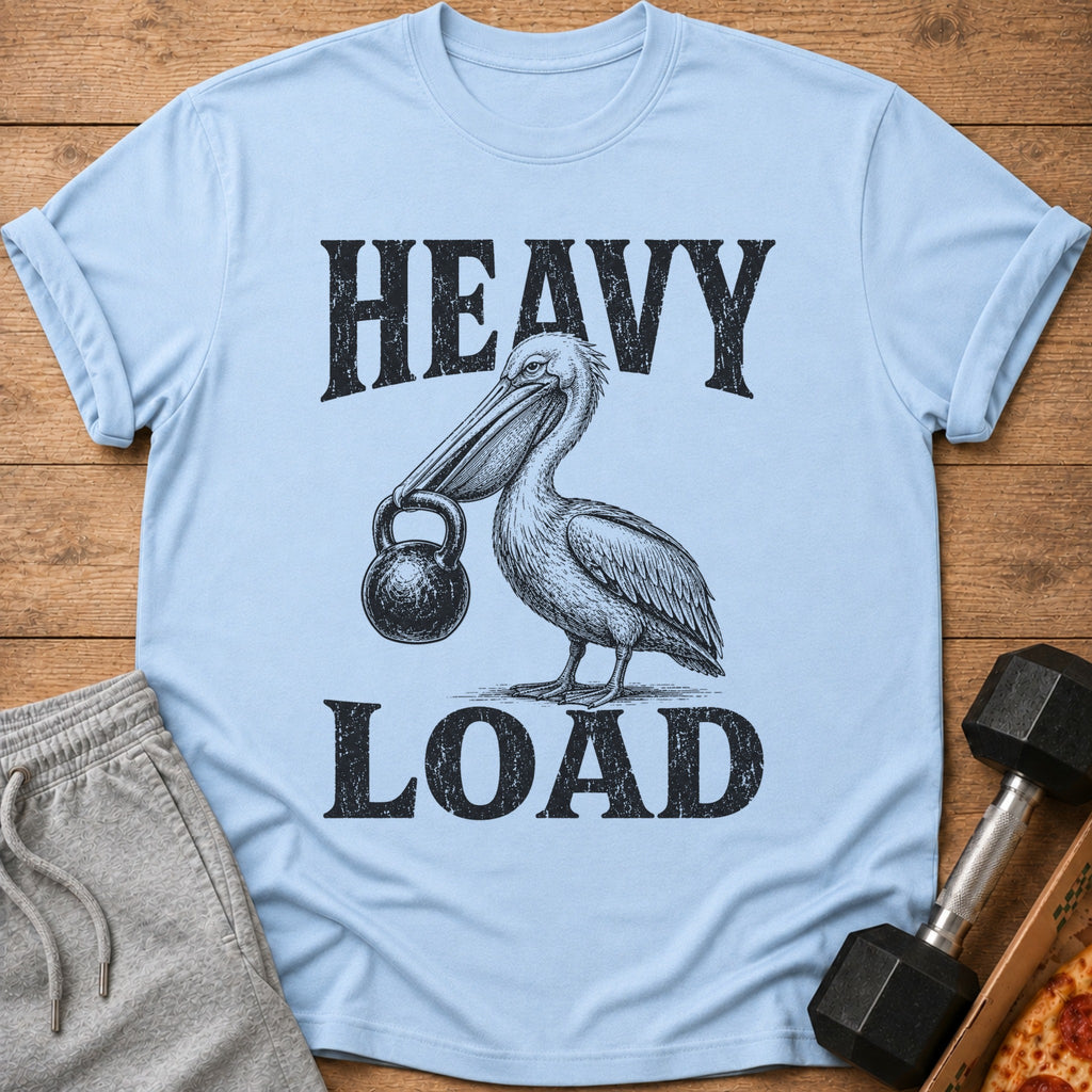 Light blue t-shirt with a pelican carrying a kettlebell and text "HEAVY LOAD".