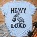 Light blue t-shirt with a pelican carrying a kettlebell and text "HEAVY LOAD".