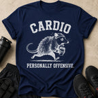 Navy t-shirt with distressed graphic of a rat running with coffee, text says "CARDIO PERSONALLY OFFENSIVE."