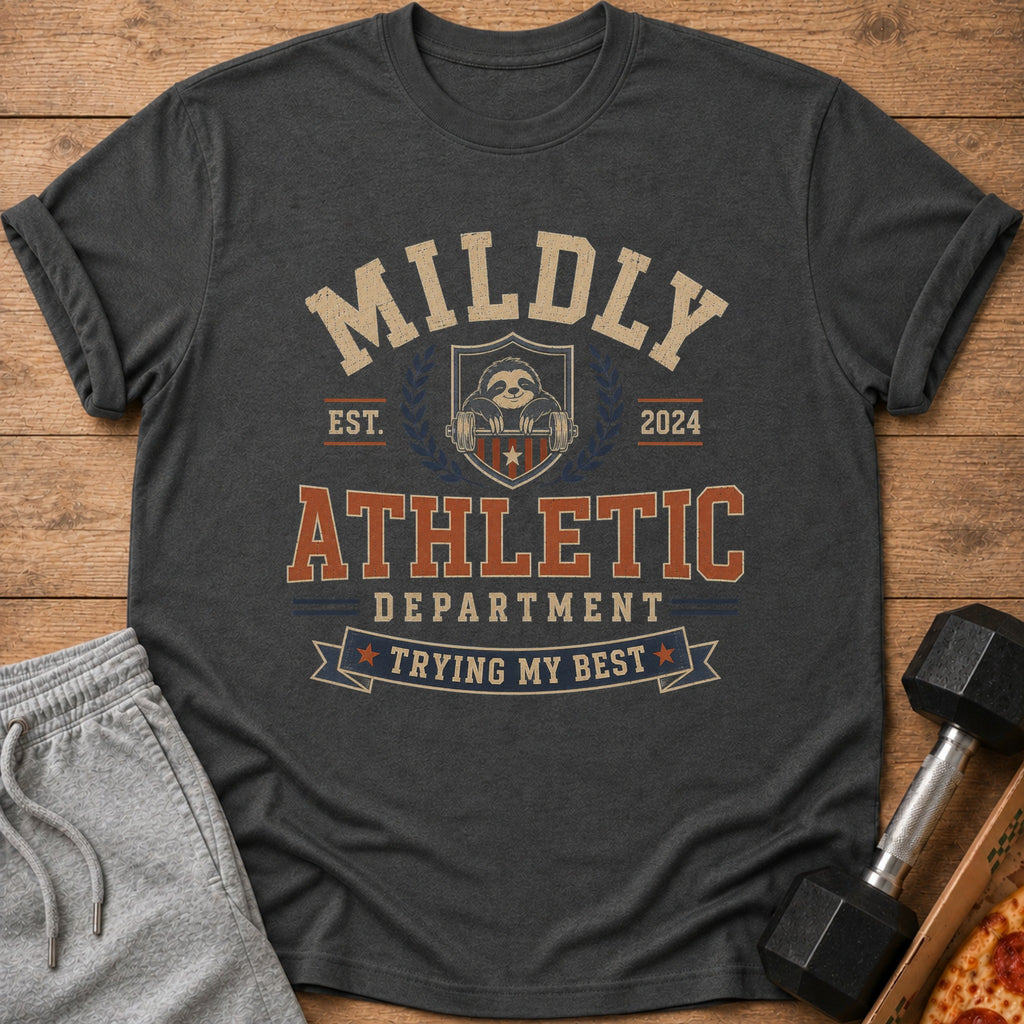 Dark grey t-shirt with "MILDLY ATHLETIC DEPARTMENT TRYING MY BEST" text and sloth lifting weights.