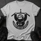 Grey t-shirt with a black graphic of a sloth holding a weight bar and text "Snooze Button Athlete."