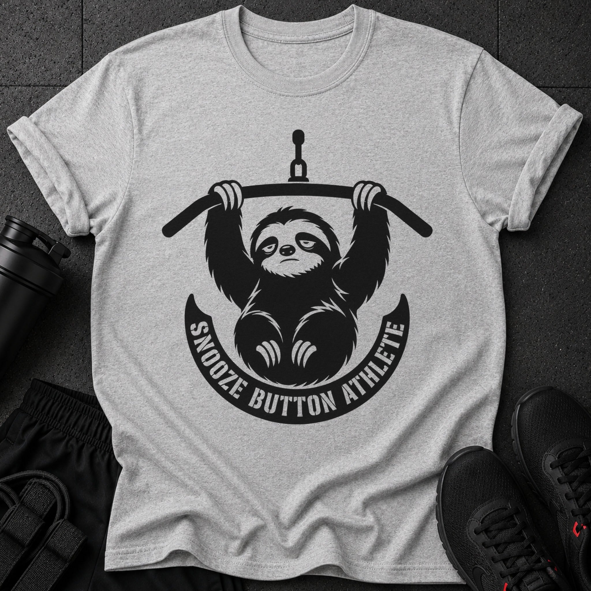 Grey t-shirt with a black graphic of a sloth holding a weight bar and text "Snooze Button Athlete."