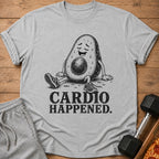 Gray t-shirt with cartoon avocado sweating and text "CARDIO HAPPENED."