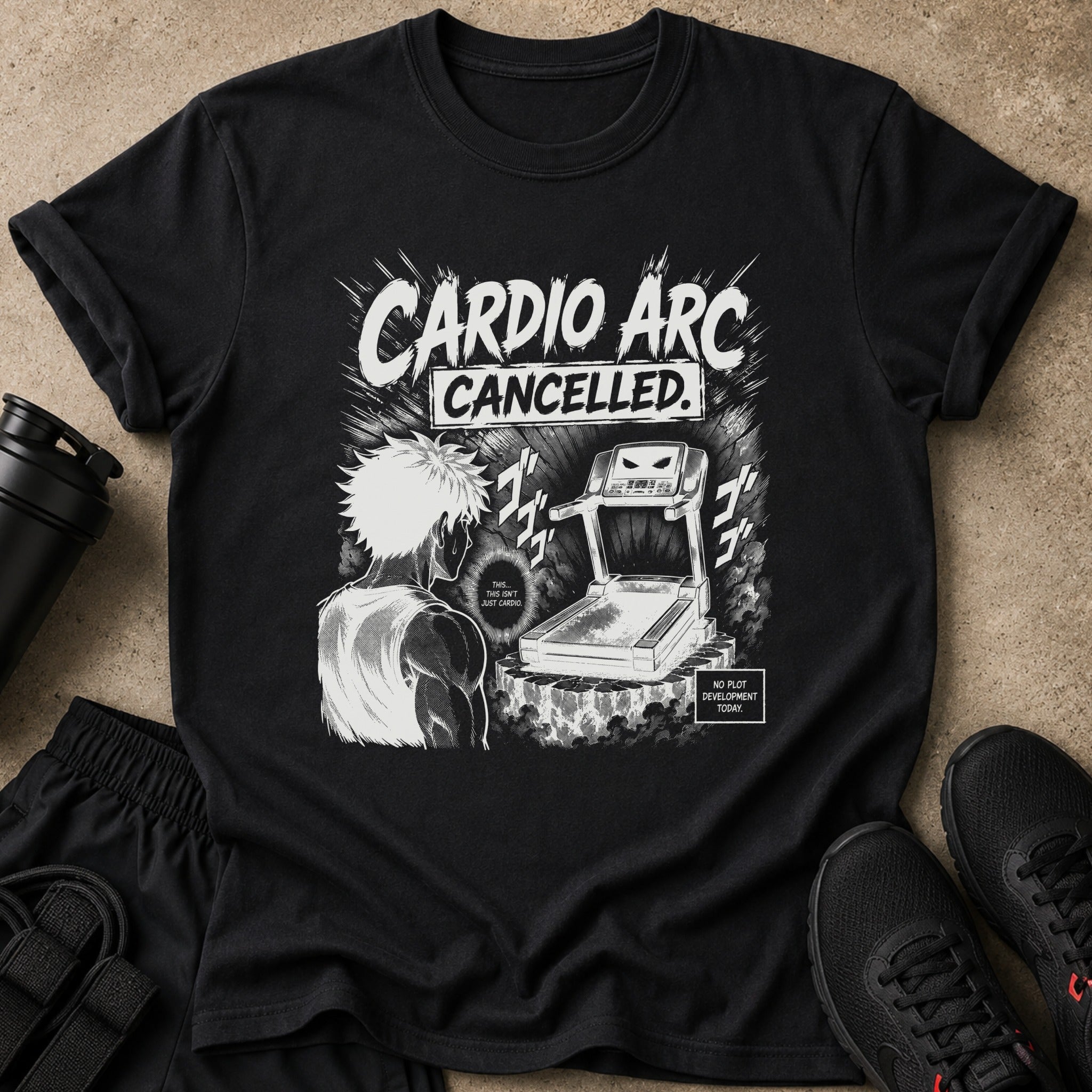 Black t-shirt with "CARDIO ARC CANCELLED." text and anime-style graphic.