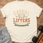Casual Lifters Society Est. 2024 t-shirt with dumbbell and pizza.