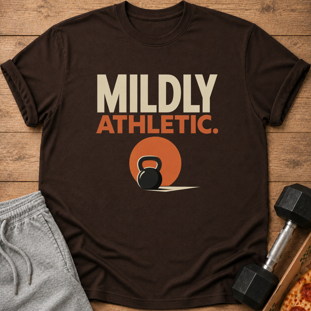 Brown t-shirt with "MILDLY ATHLETIC" text and a kettlebell graphic.