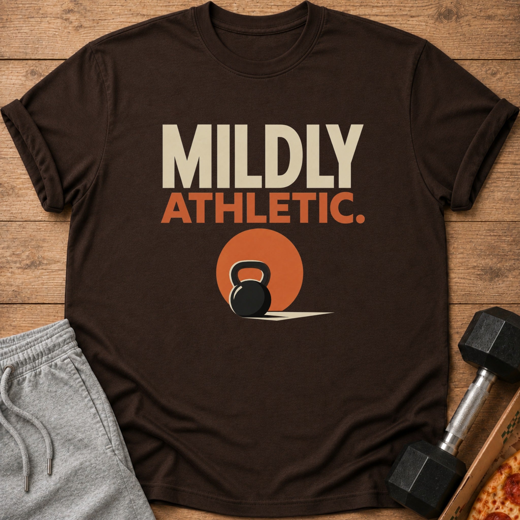 Brown t-shirt with "MILDLY ATHLETIC" text and a kettlebell graphic.