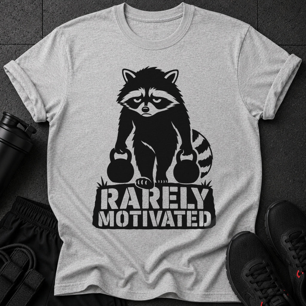 Grey t-shirt with a black graphic of a raccoon holding kettlebells and text reading "RARELY MOTIVATED".